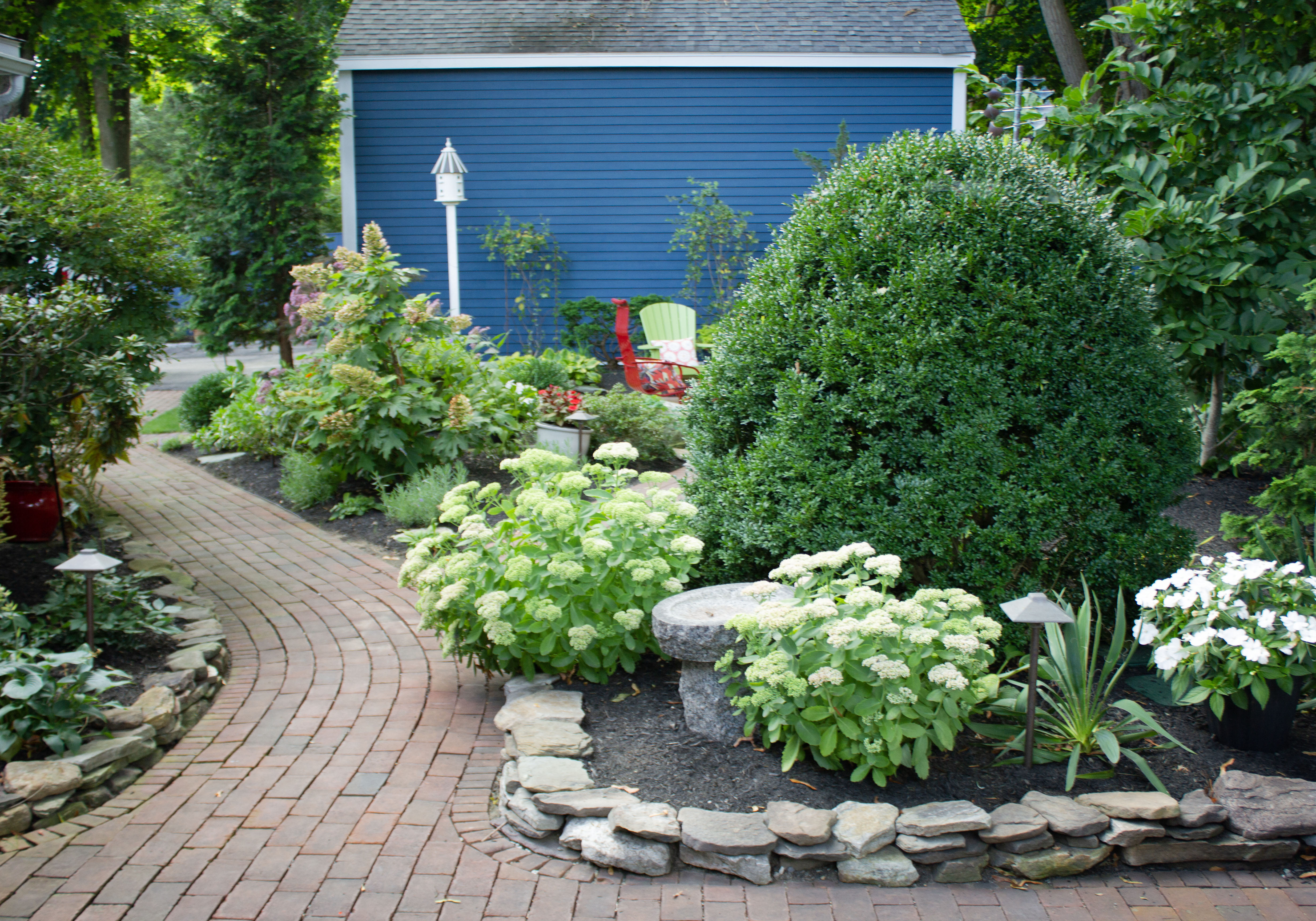 Garden design, backyard patio, brick, hardscaping, landscaping, Amesbury Ma