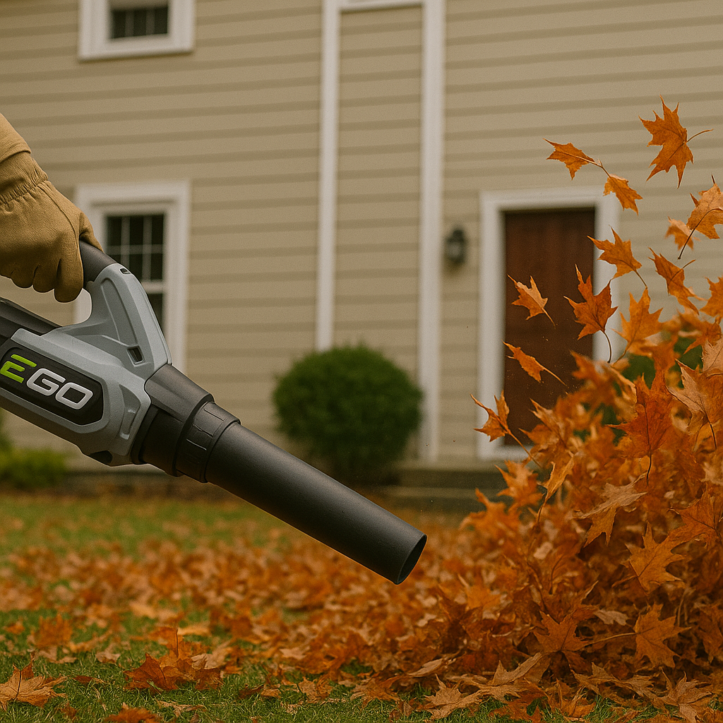 Landscaper using EGO battery-powered tools for fall yard cleanup