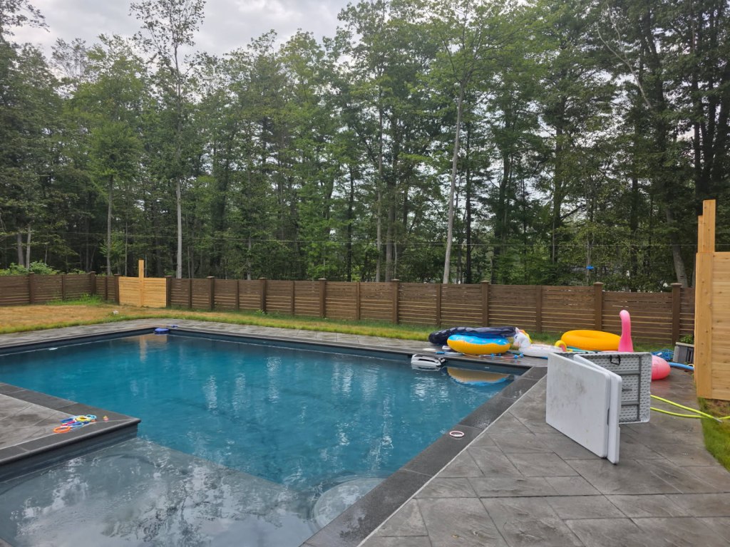 Gardening, poolside , landscape design, trees and shrub planting, inground pool