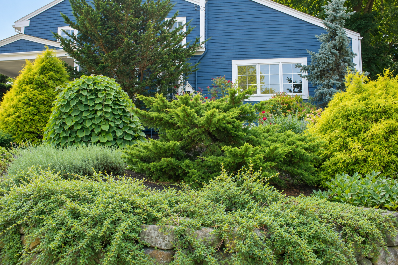 Lush residential garden landscaping in Newburyport Massachusetts with layered plantings and natural stone wall