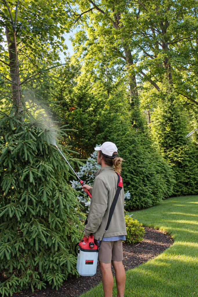 JMJ Gardens crew member applying plant care treatment to evergreen trees at a landscaped property on the North Shore of Massachusetts.