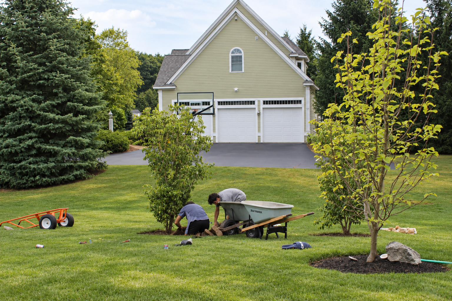 JMJ Gardens landscaping crew planting a tree and improving a residential lawn on the North Shore of Massachusetts.