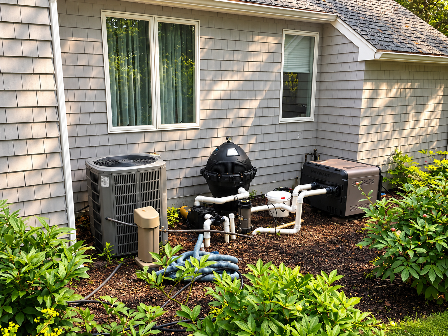 Residential pool equipment and landscaped garden area beside a North Shore Massachusetts home maintained by JMJ Gardens.
