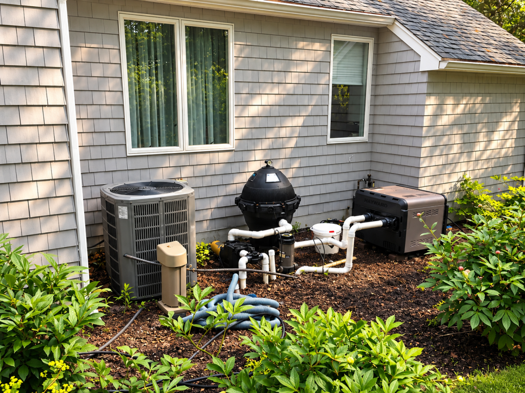 Residential pool equipment and landscaped garden area beside a North Shore Massachusetts home maintained by JMJ Gardens.