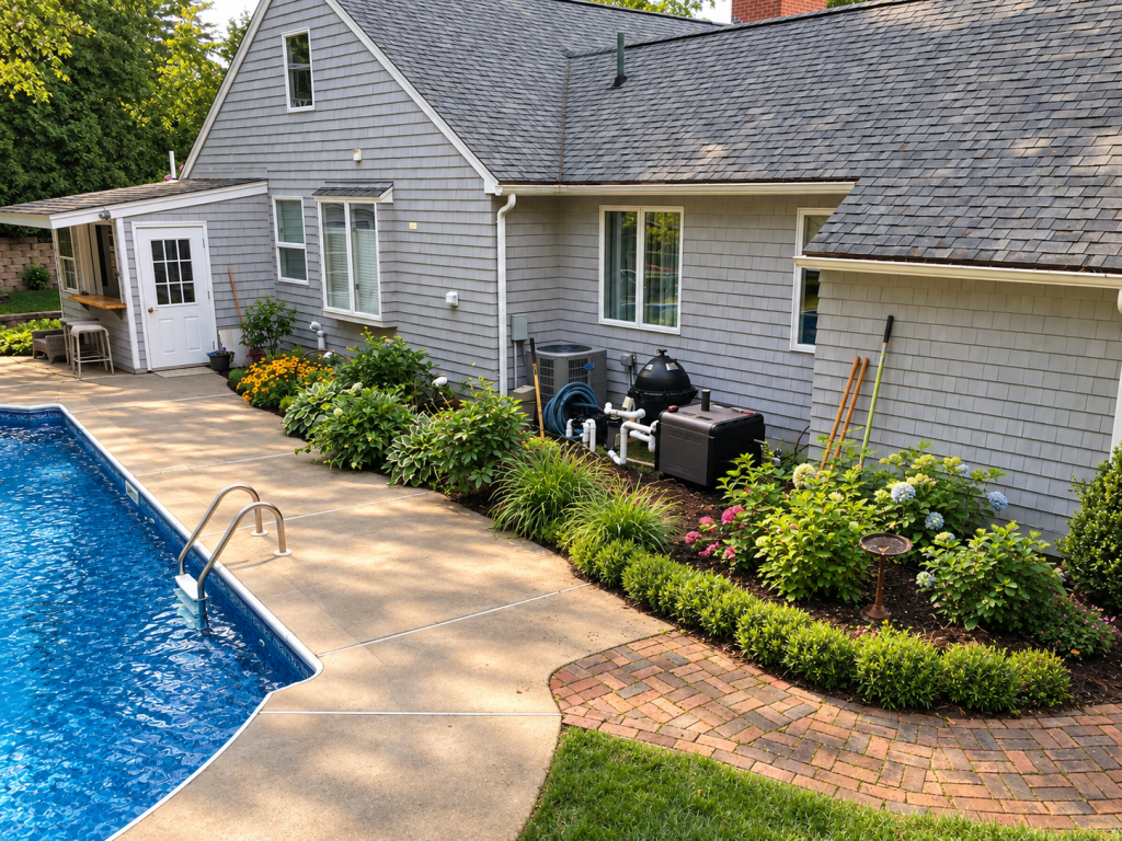 Professionally landscaped backyard pool area with lush garden beds and mature plantings by JMJ Gardens in the North Shore MA and Seacoast NH area.