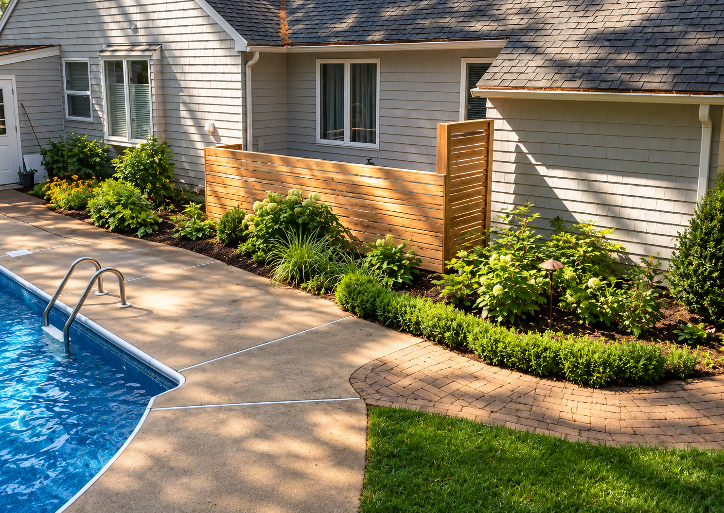 Custom poolside landscaping with garden beds, privacy screening, and planting design by JMJ Gardens on the North Shore of Massachusetts.