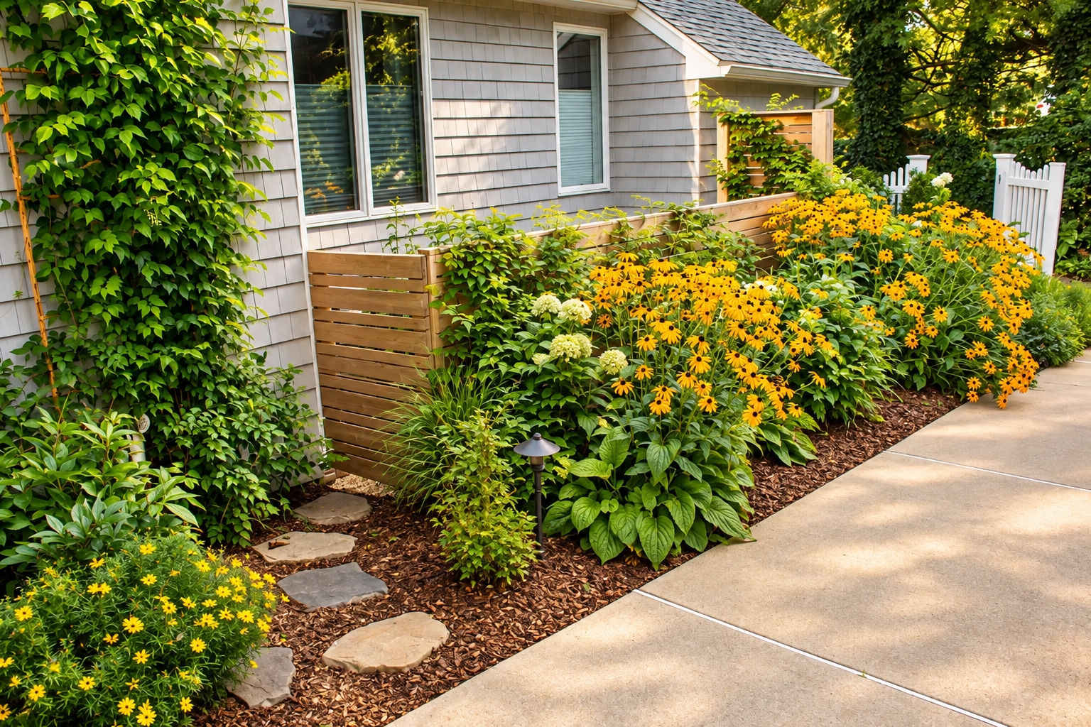 Colorful perennial garden with black-eyed Susans, climbing vines, stepping stones, and layered plantings designed and maintained by JMJ Gardens.
