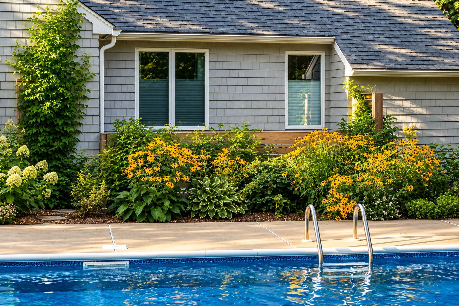 Poolside perennial garden with black-eyed Susans, hostas, hydrangeas, and layered plantings designed by JMJ Gardens.