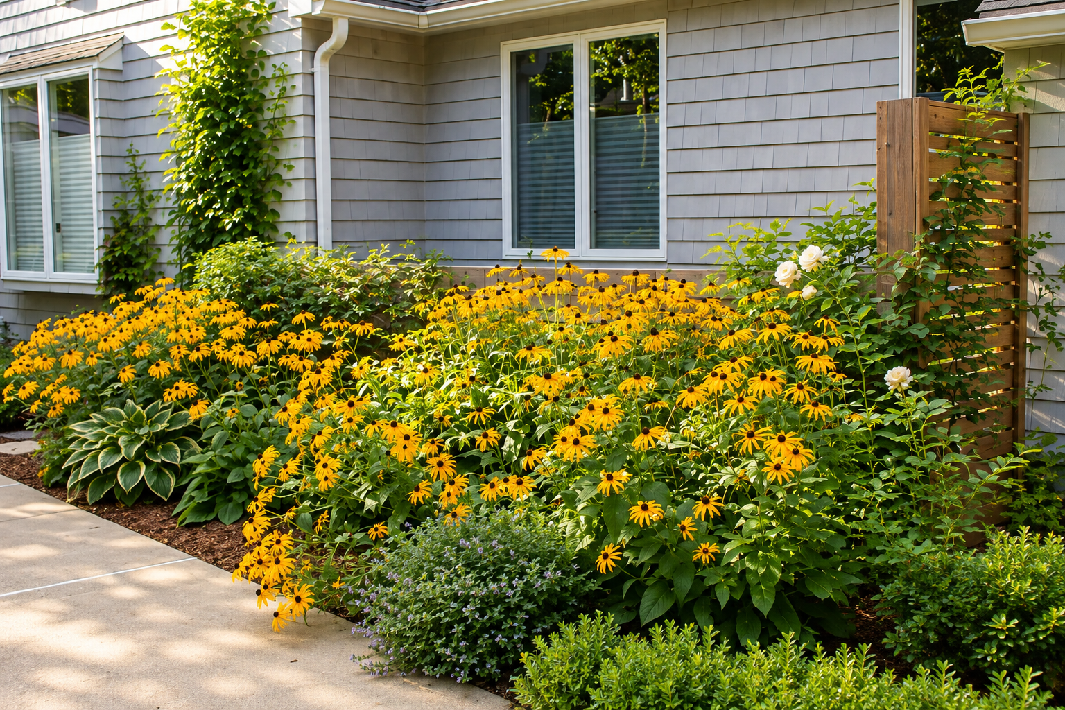 Colorful perennial garden with black-eyed Susans, hostas, flowering shrubs, and climbing greenery landscaped by JMJ Gardens.
