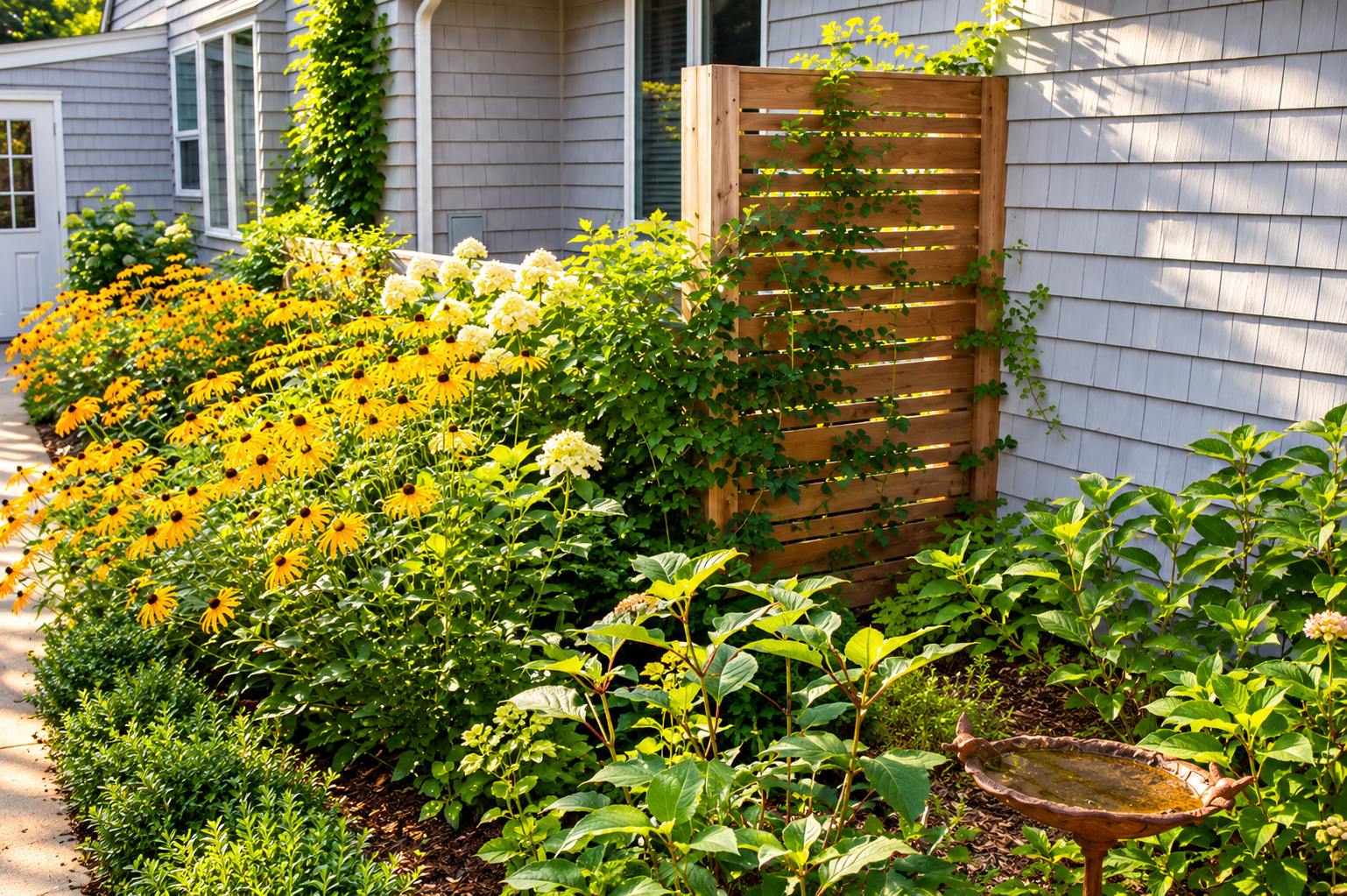 Lush perennial garden with black-eyed Susans, hydrangeas, climbing vines, and a custom wood privacy screen by JMJ Gardens.