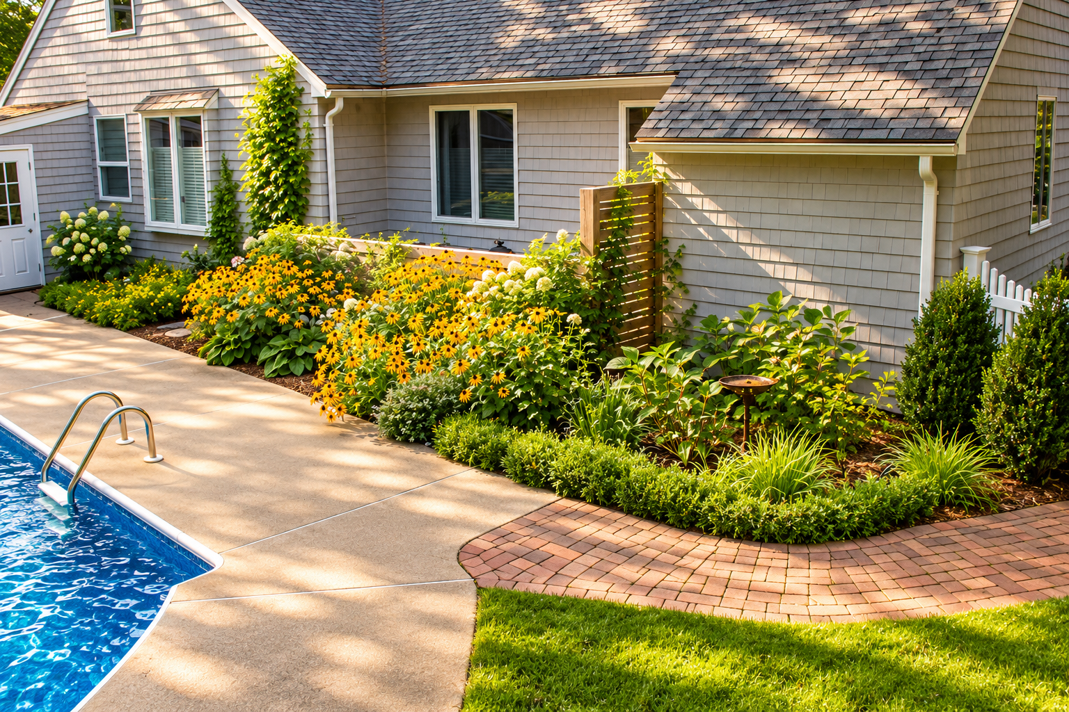 Poolside landscape with black-eyed Susans, hydrangeas, ornamental grasses, brick edging, and mature garden beds by JMJ Gardens.