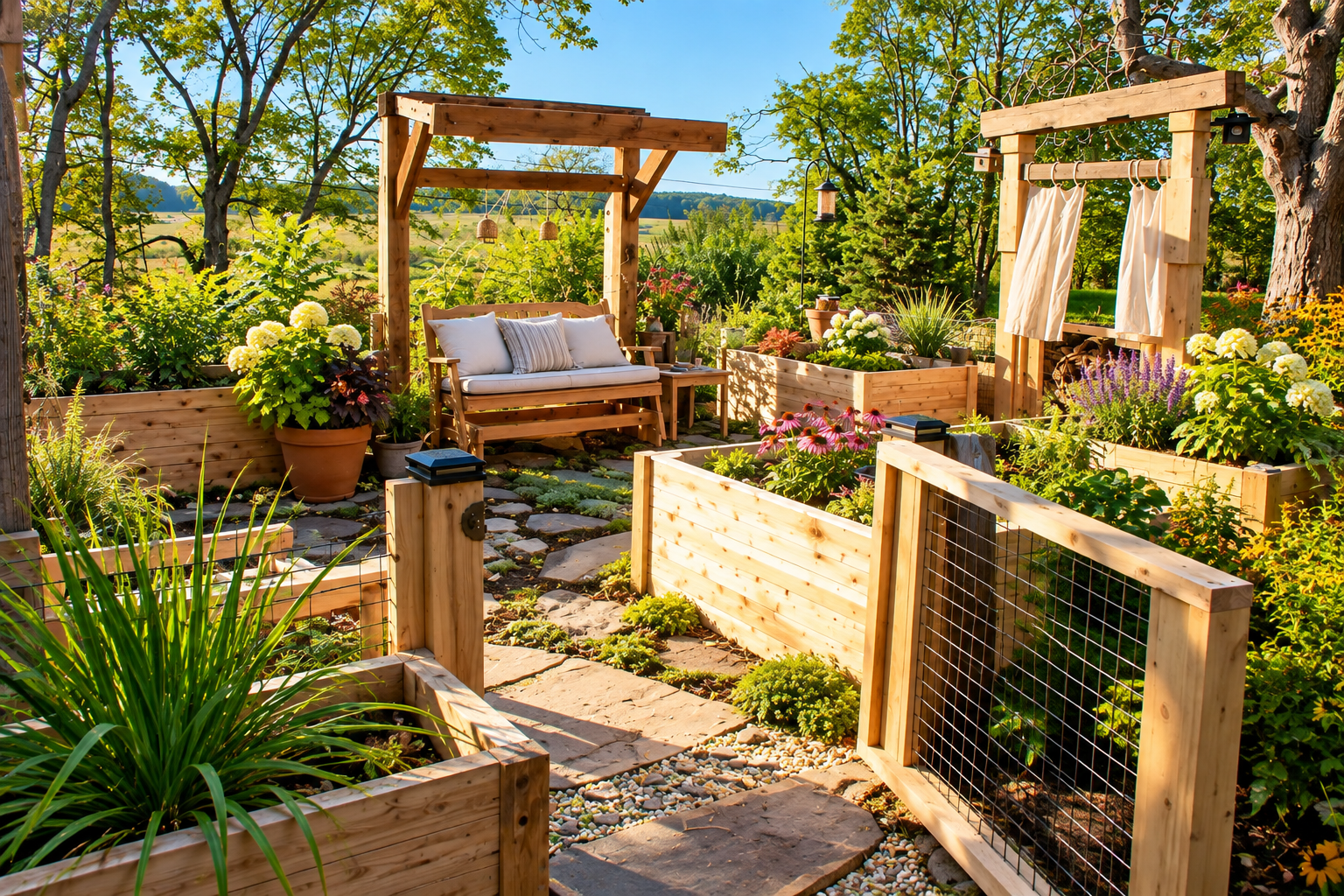Custom garden retreat with cedar raised beds, pergola seating, stone pathways, flowering perennials, and wood garden structures by JMJ Gardens.