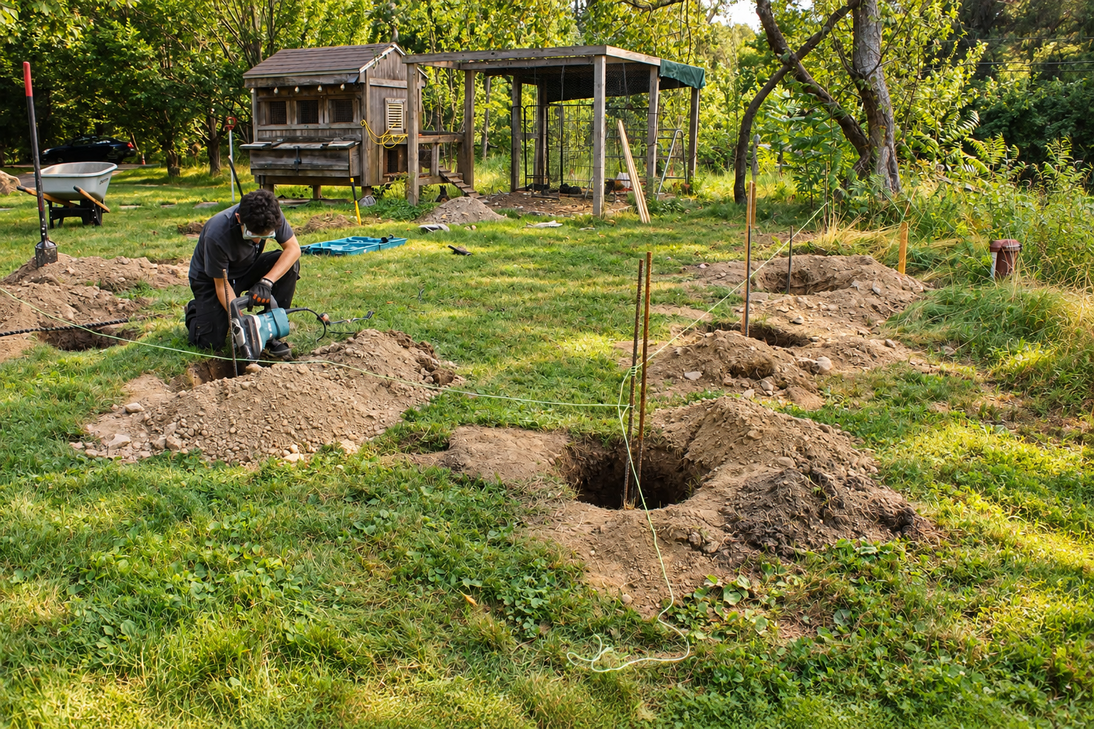 JMJ Gardens crew preparing post holes and layout lines for a custom outdoor construction project in a wooded residential backyard.