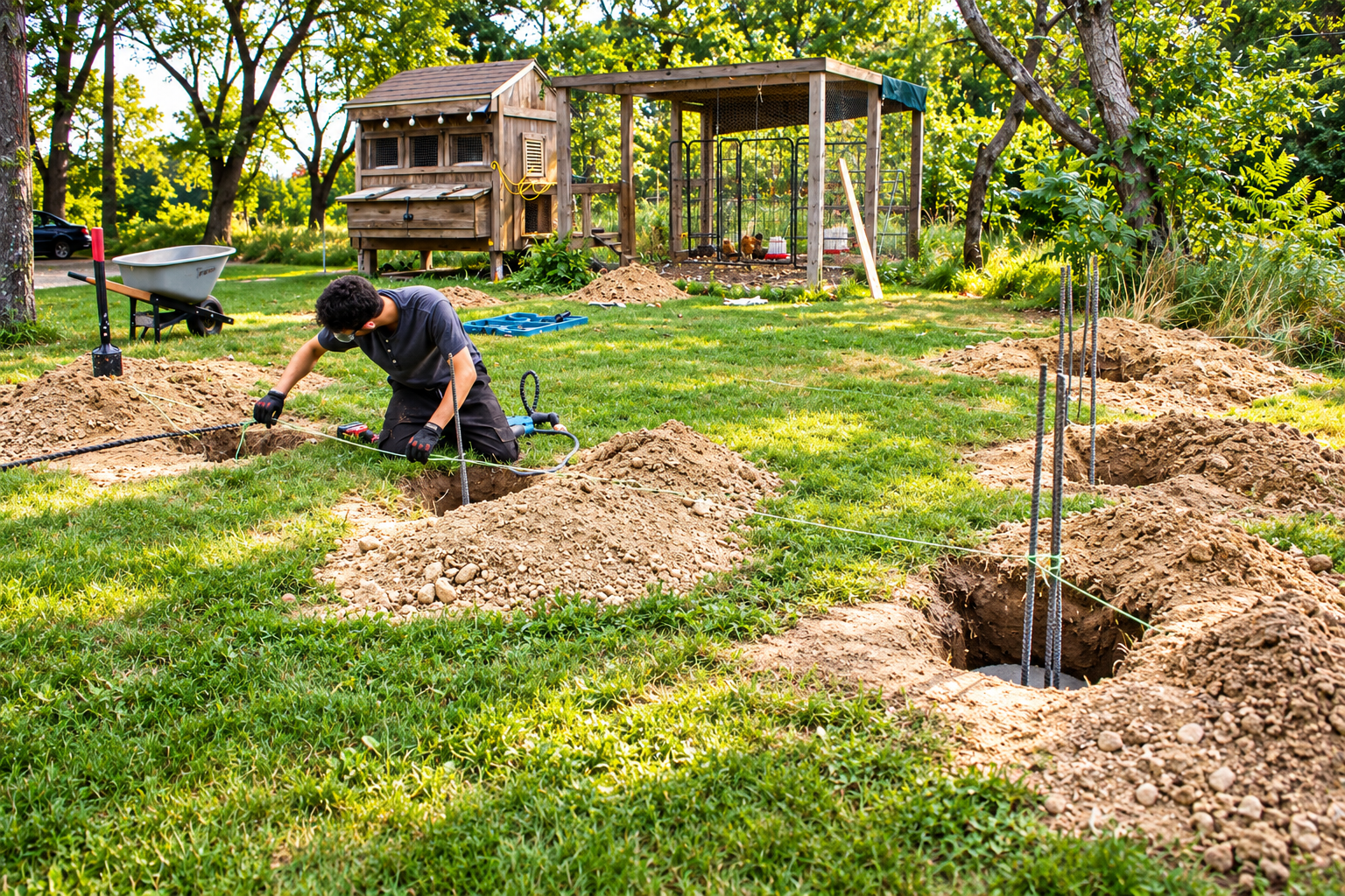 JMJ Gardens crew member measuring and preparing footing locations for a custom outdoor structure during a residential landscape construction project.