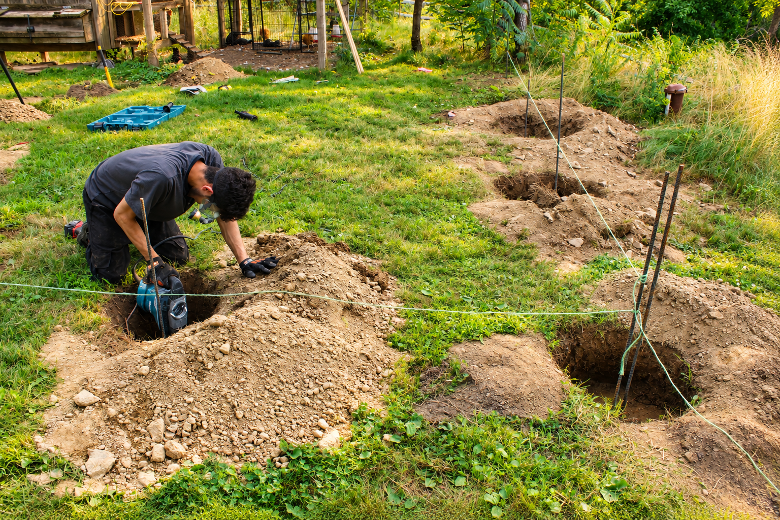 JMJ Gardens crew preparing post holes and layout lines for a custom outdoor construction project in a wooded residential backyard.