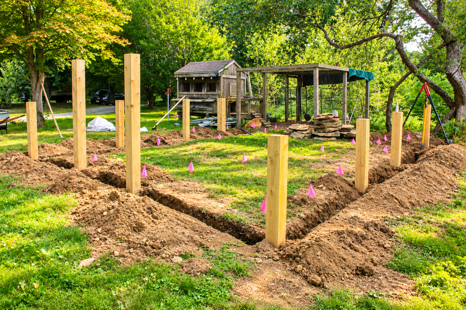 Wood posts and excavated footings prepared for a custom outdoor structure during a JMJ Gardens landscape construction project.