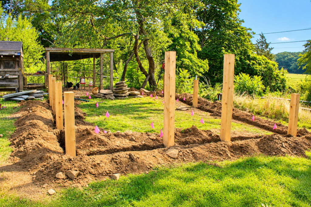 Wood posts installed in excavated footings for a custom backyard structure during a JMJ Gardens landscape construction project.