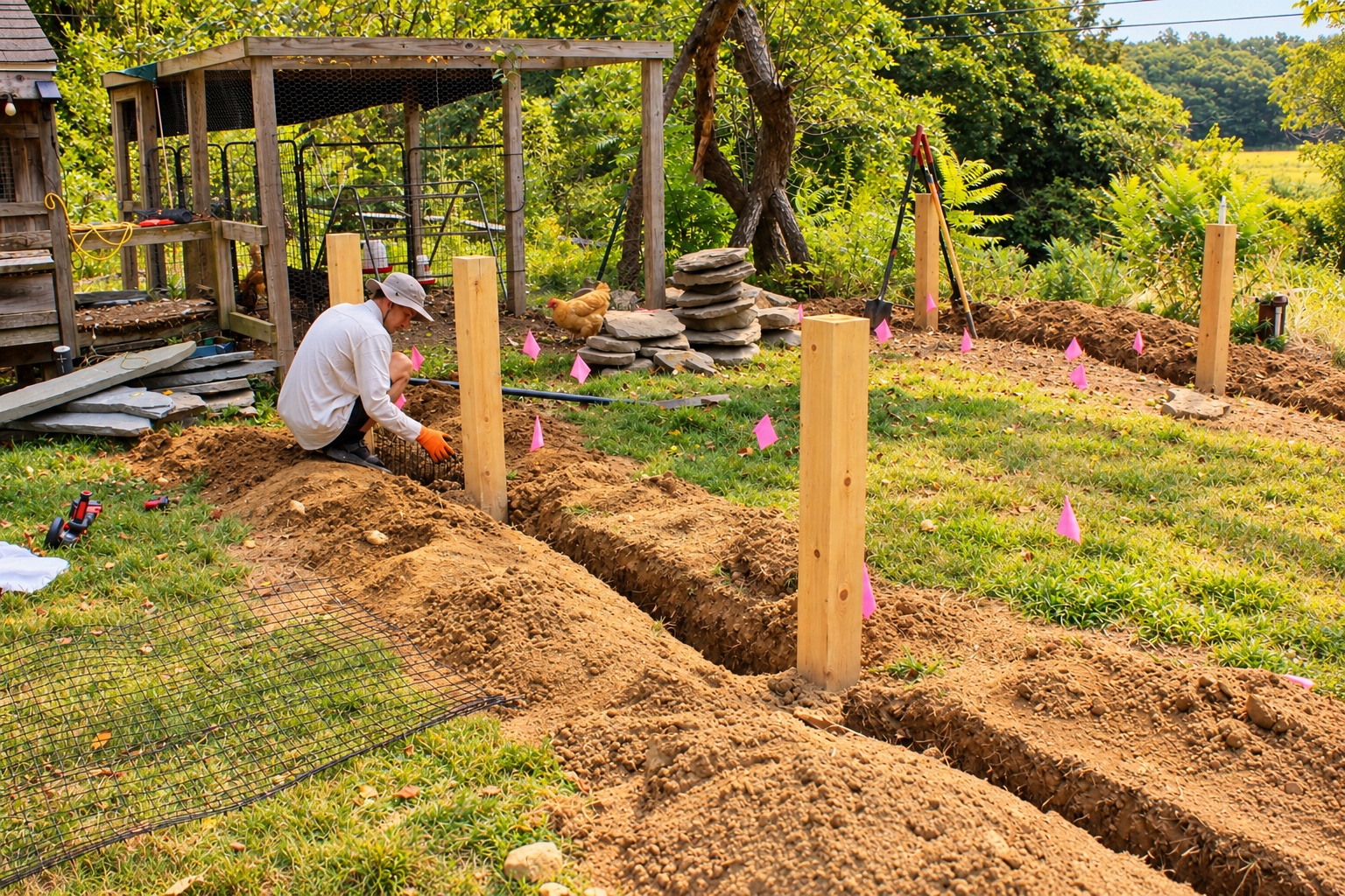 JMJ Gardens crew installing wooden posts and preparing a trench for a custom residential outdoor construction project.