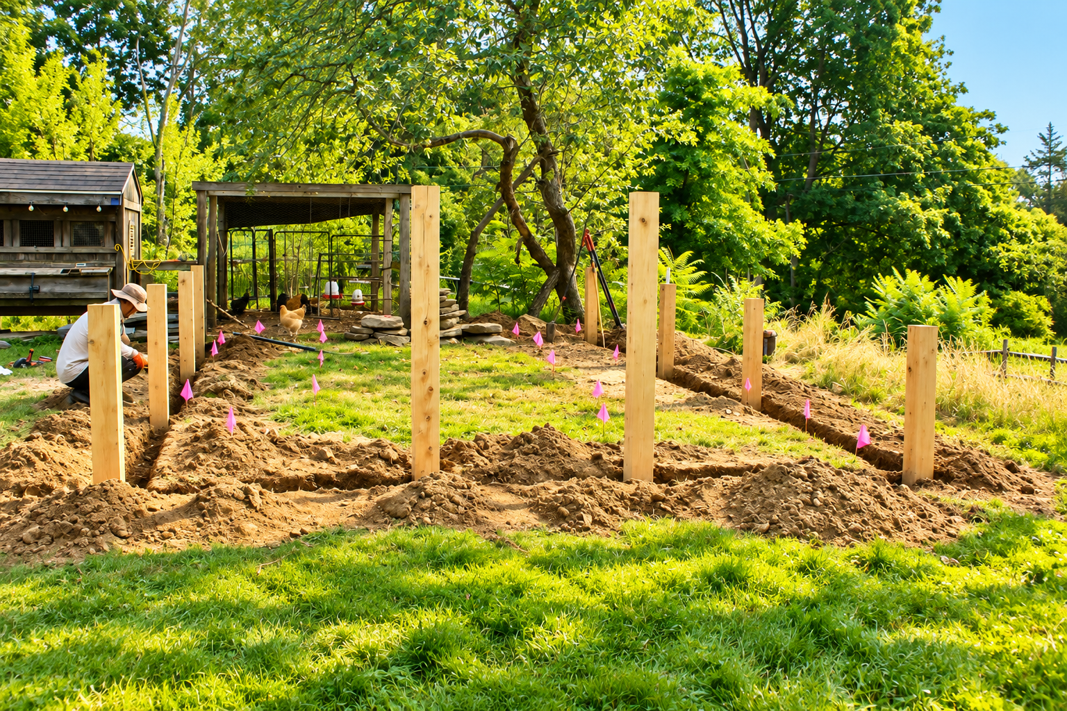 JMJ Gardens crew member installing timber posts and preparing footings for a custom backyard landscape construction project.