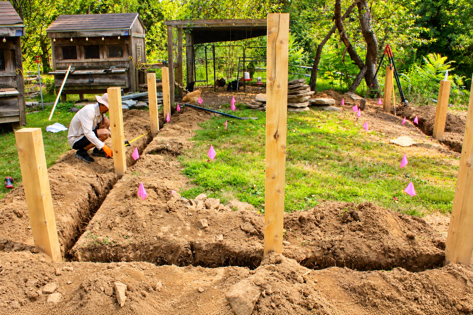 JMJ Gardens crew member installing timber posts and preparing footings for a custom backyard landscape construction project.