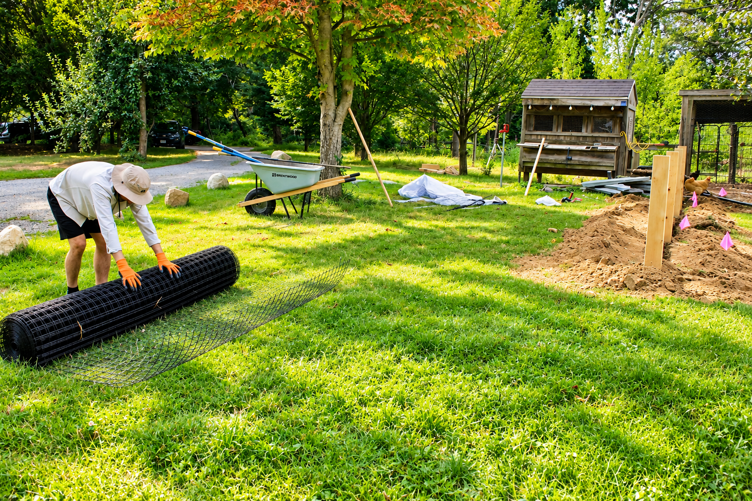 JMJ Gardens crew unrolling black wire mesh fencing during a custom backyard enclosure and landscape construction project.