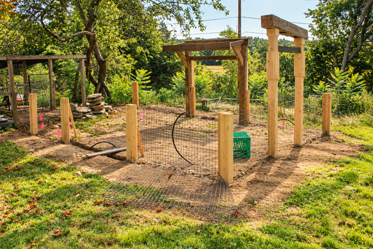 Custom wood posts, wire fencing, and timber entry structures under construction for a backyard garden enclosure by JMJ Gardens.