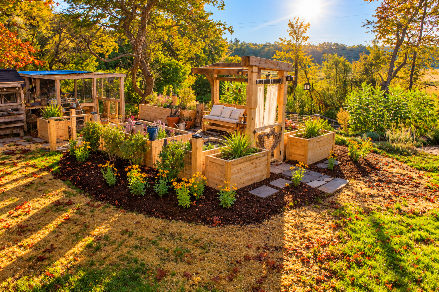Finished custom backyard garden with cedar raised beds, timber structures, stone pathways, flowering plantings, and a built-in seating area by JMJ Gardens.