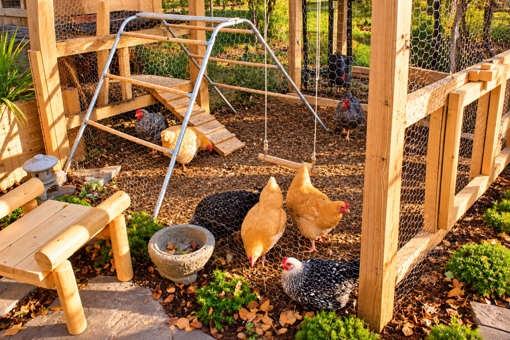 Custom cedar chicken run with secure wire fencing, integrated garden landscaping, and free-ranging hens in a backyard setting by JMJ Gardens.