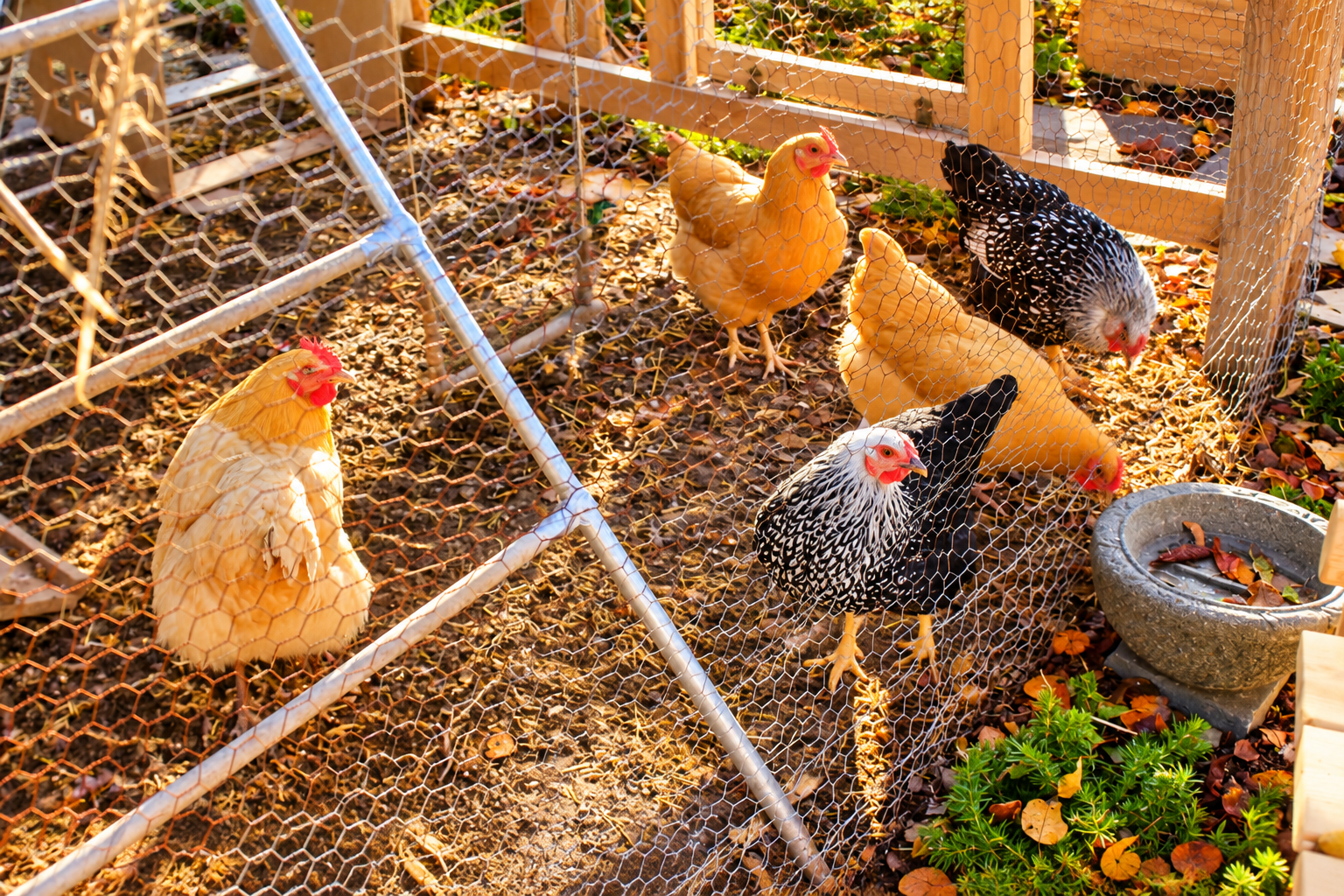 Five chickens foraging in a sunny wire-mesh enclosure