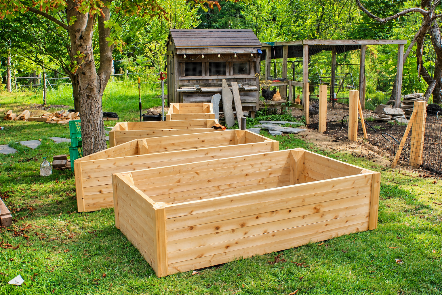 Custom cedar raised garden beds installed beside a backyard chicken coop and fenced garden area by JMJ Gardens.