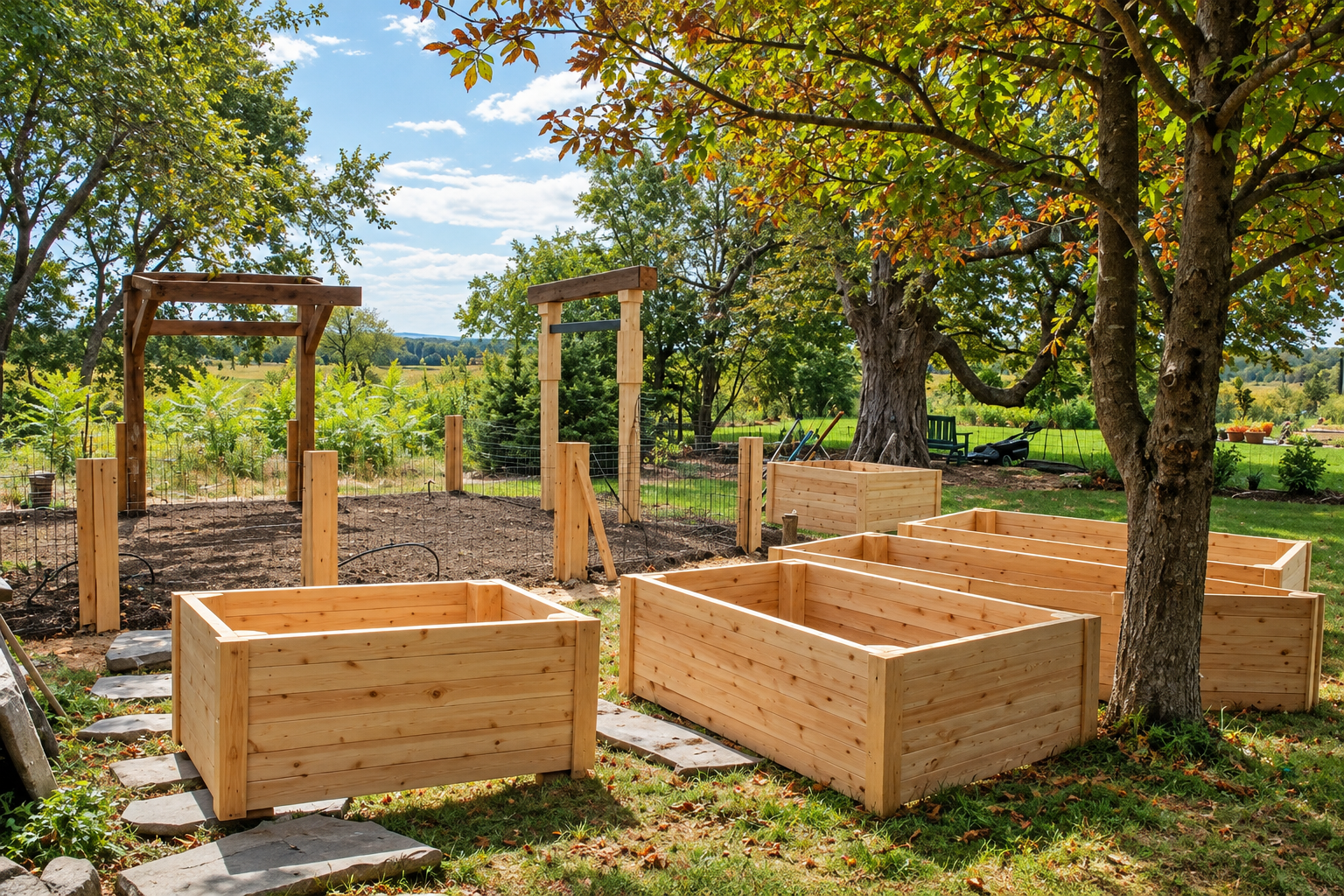 Custom cedar raised garden beds and fenced garden enclosure with timber arbors installed by JMJ Gardens in a landscaped backyard setting.