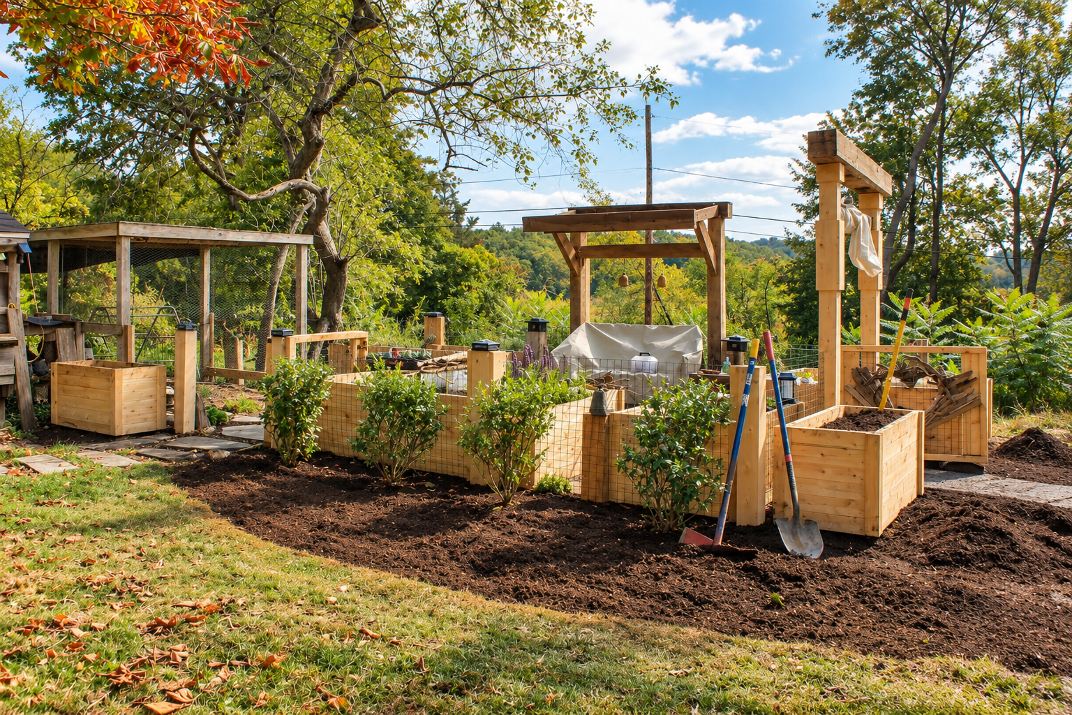 Custom cedar garden beds, timber arbors, wire fencing, and landscaped planting areas installed by JMJ Gardens in a natural backyard setting.
