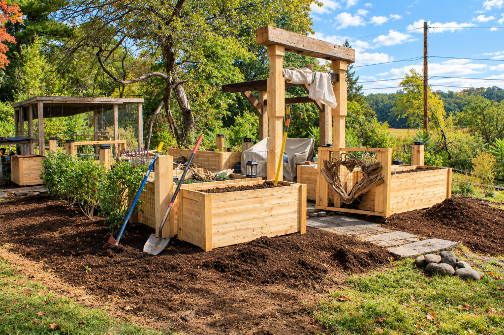 Custom cedar raised garden beds, timber arbor entrance, wire fencing, and landscaped planting areas installed by JMJ Gardens in a natural backyard setting.