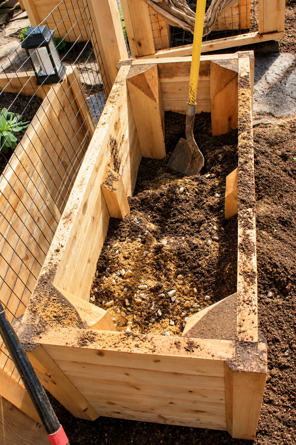 Close-up of a custom cedar raised garden bed being filled with soil and gravel, with a shovel inside and wire garden fencing surrounding the installation.