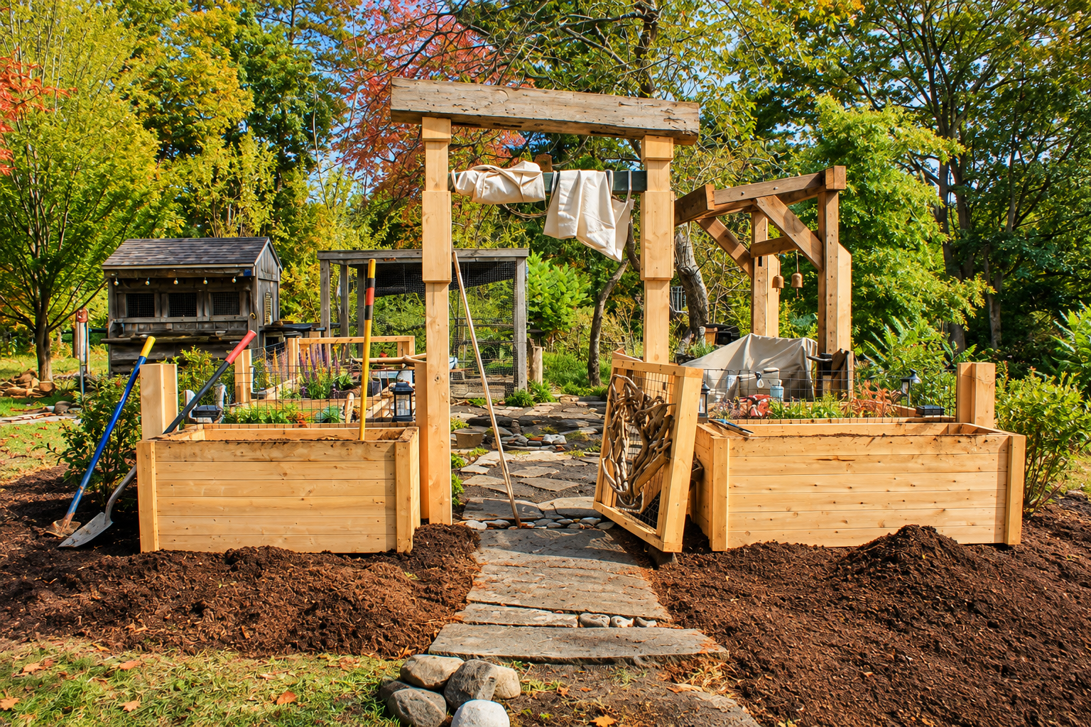 Custom cedar raised garden beds, timber arbor entrance, stone pathway, and fenced garden enclosure built by JMJ Gardens in a natural backyard landscape.