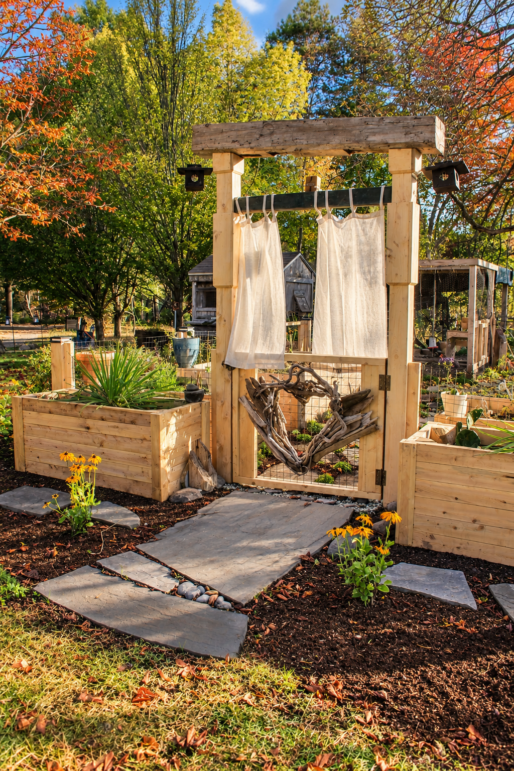 Wooden garden entrance with curtains, driftwood decoration, raised beds, and autumn flowers