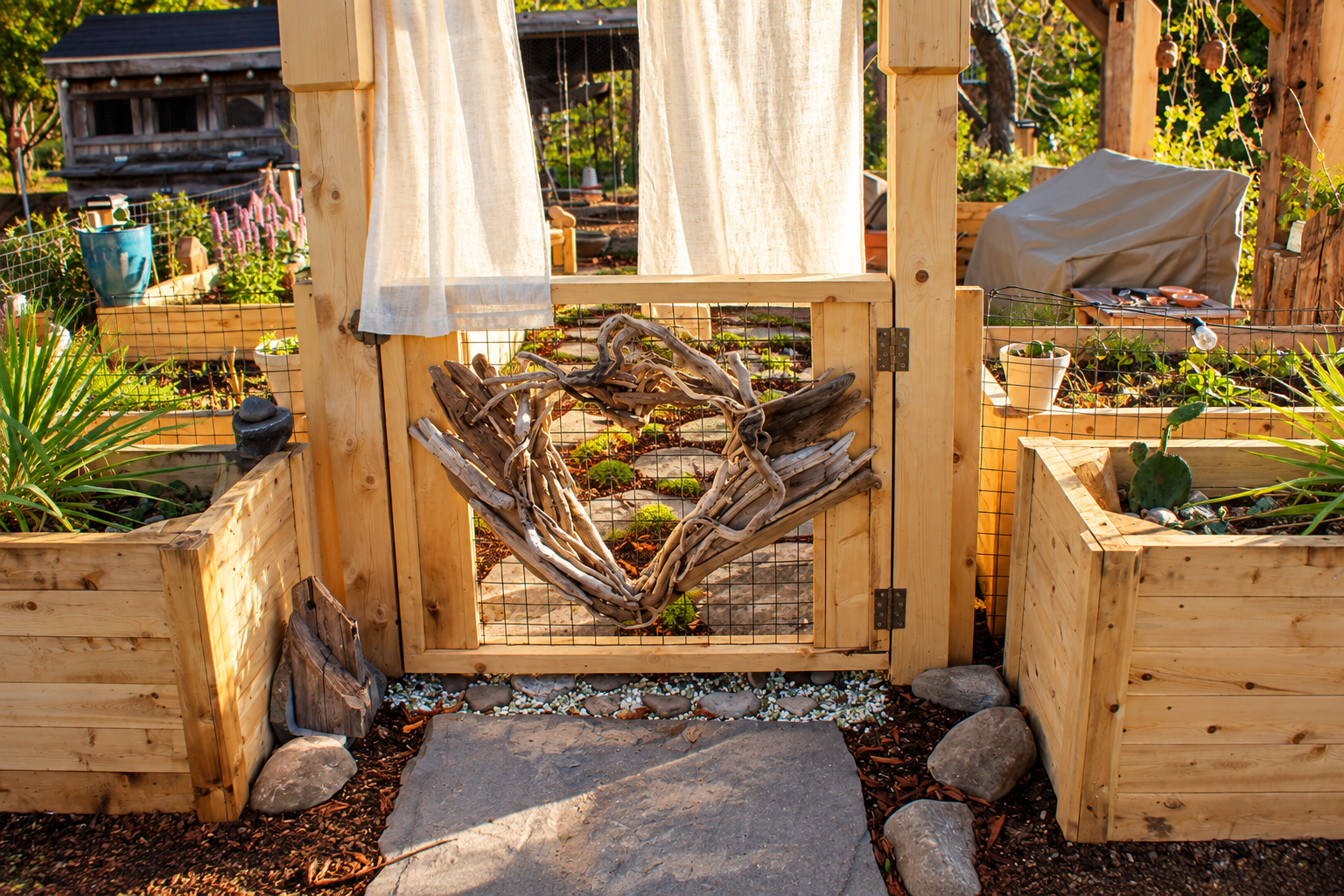 Wooden garden gate decorated with driftwood, surrounded by raised garden beds