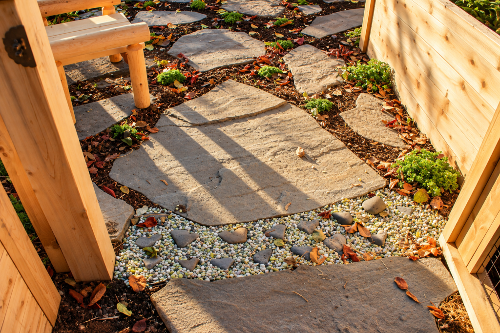 Natural stone garden pathway with decorative river rock, mulch, and planting areas installed between custom cedar garden structures by JMJ Gardens.