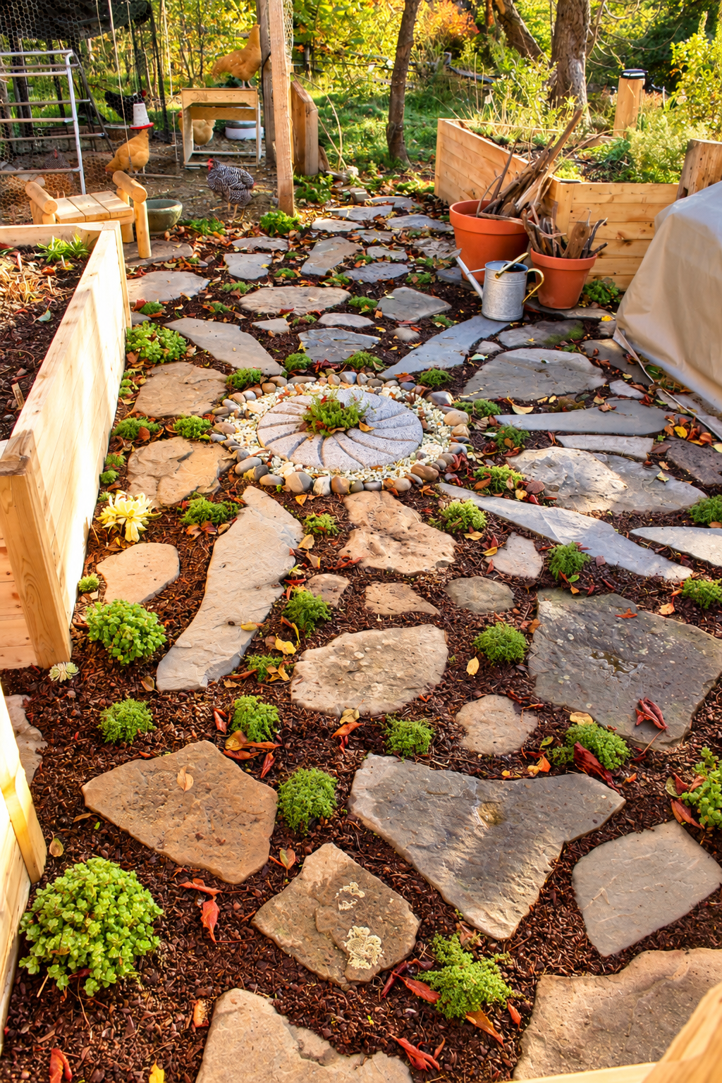 Stone garden path with moss, raised beds, potted branches, and chickens