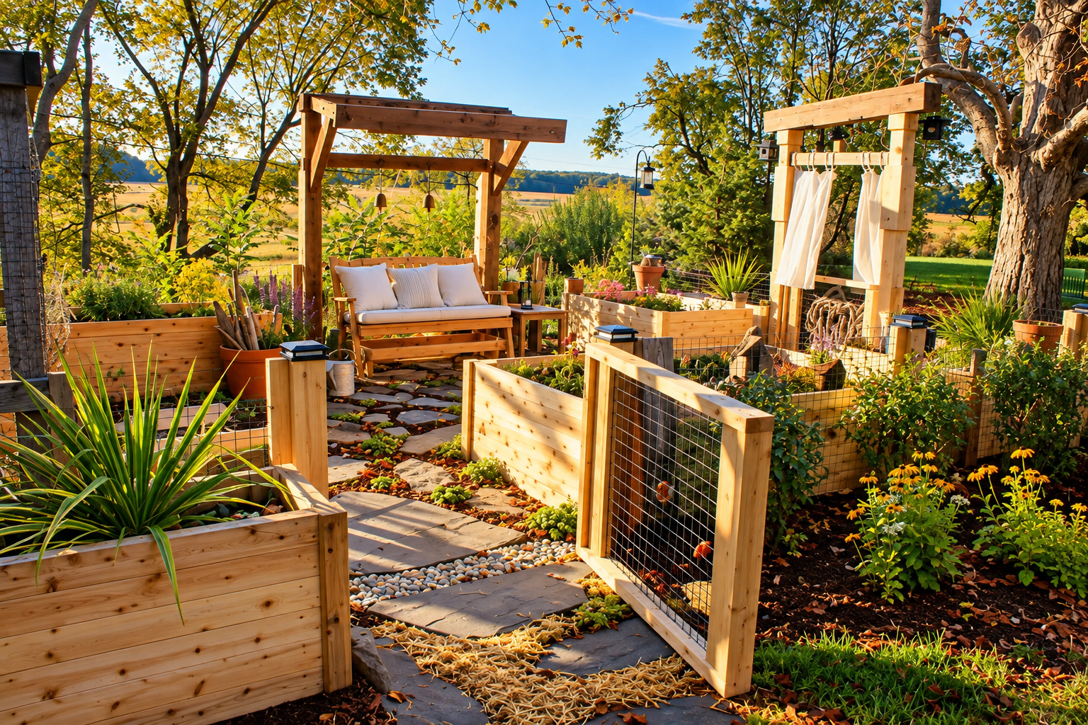 Custom backyard garden with cedar raised beds, timber pergolas, stone pathways, an open wire gate, and landscaped planting areas by JMJ Gardens.