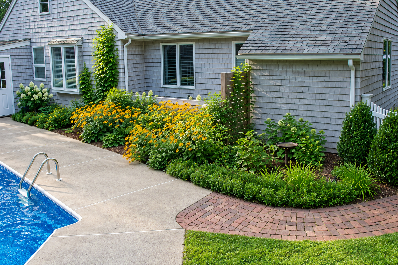 Lush residential garden landscaping in Newburyport Massachusetts with layered plantings and natural stone wall