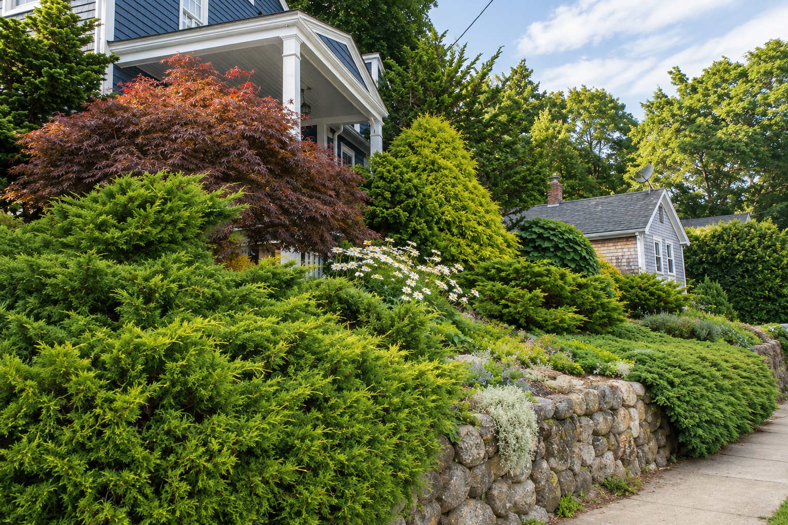 Newburyport MA landscape garden with layered evergreen shrubs, Japanese maple, perennials, and natural stone retaining wall