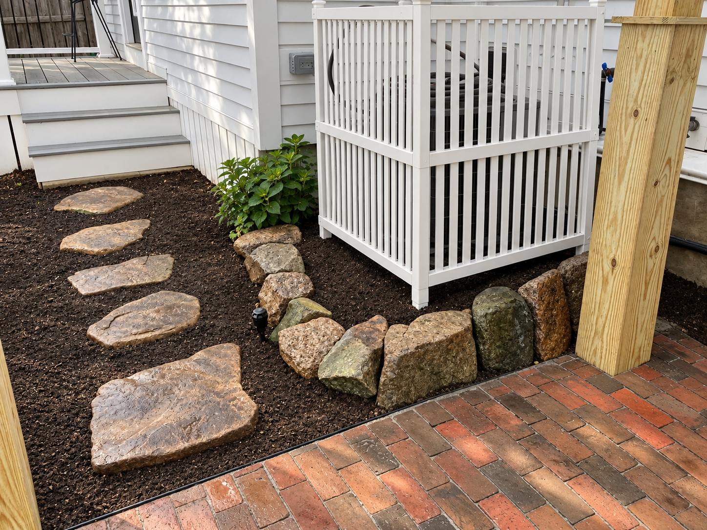 Stone stepping path through a mulched landscape bed beside a white home, bordered by natural boulders and a brick patio.
