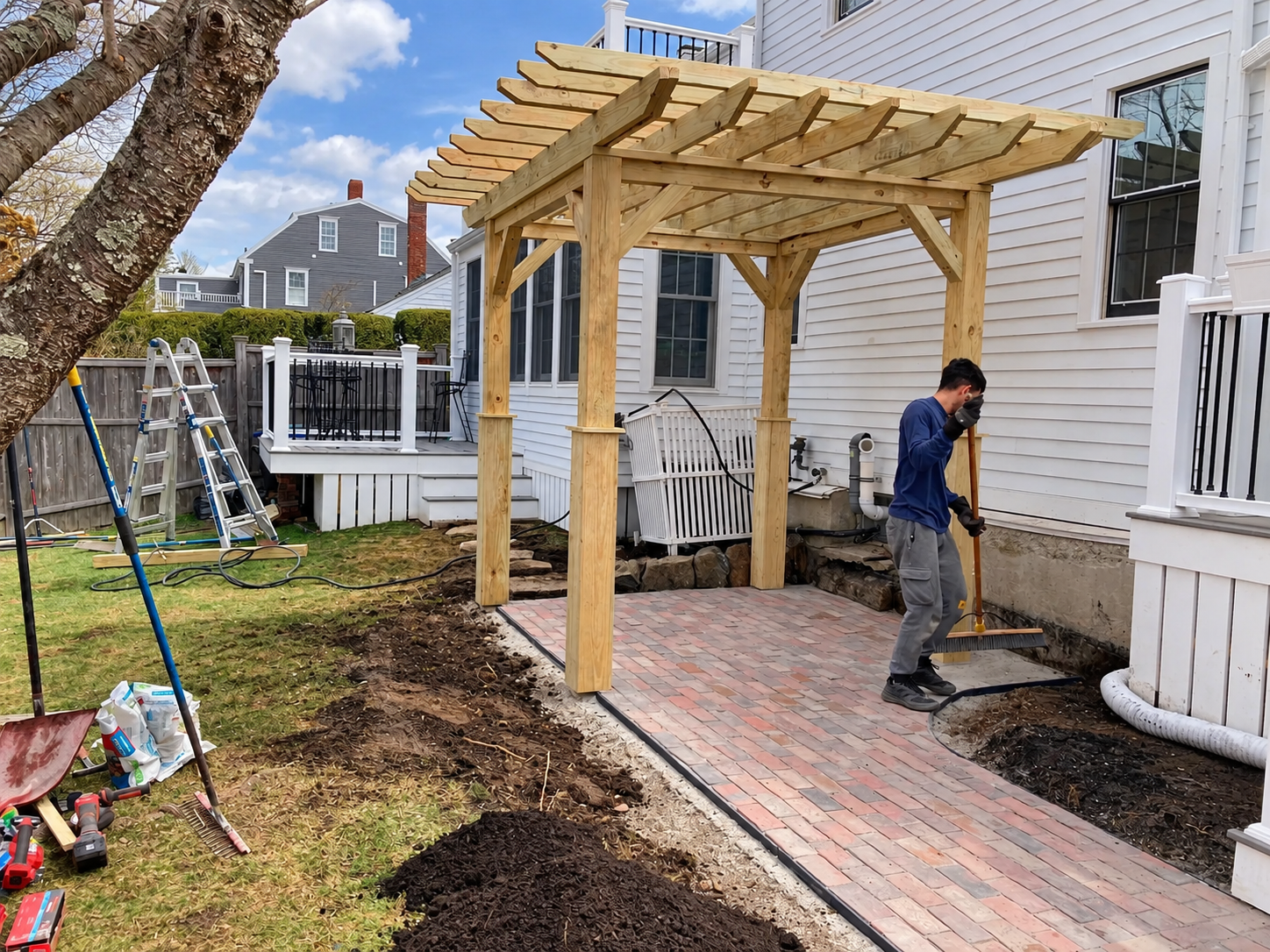 Landscaper working beneath a newly built wood pergola over a brick patio beside a white home, with ladders, tools, and construction materials nearby.