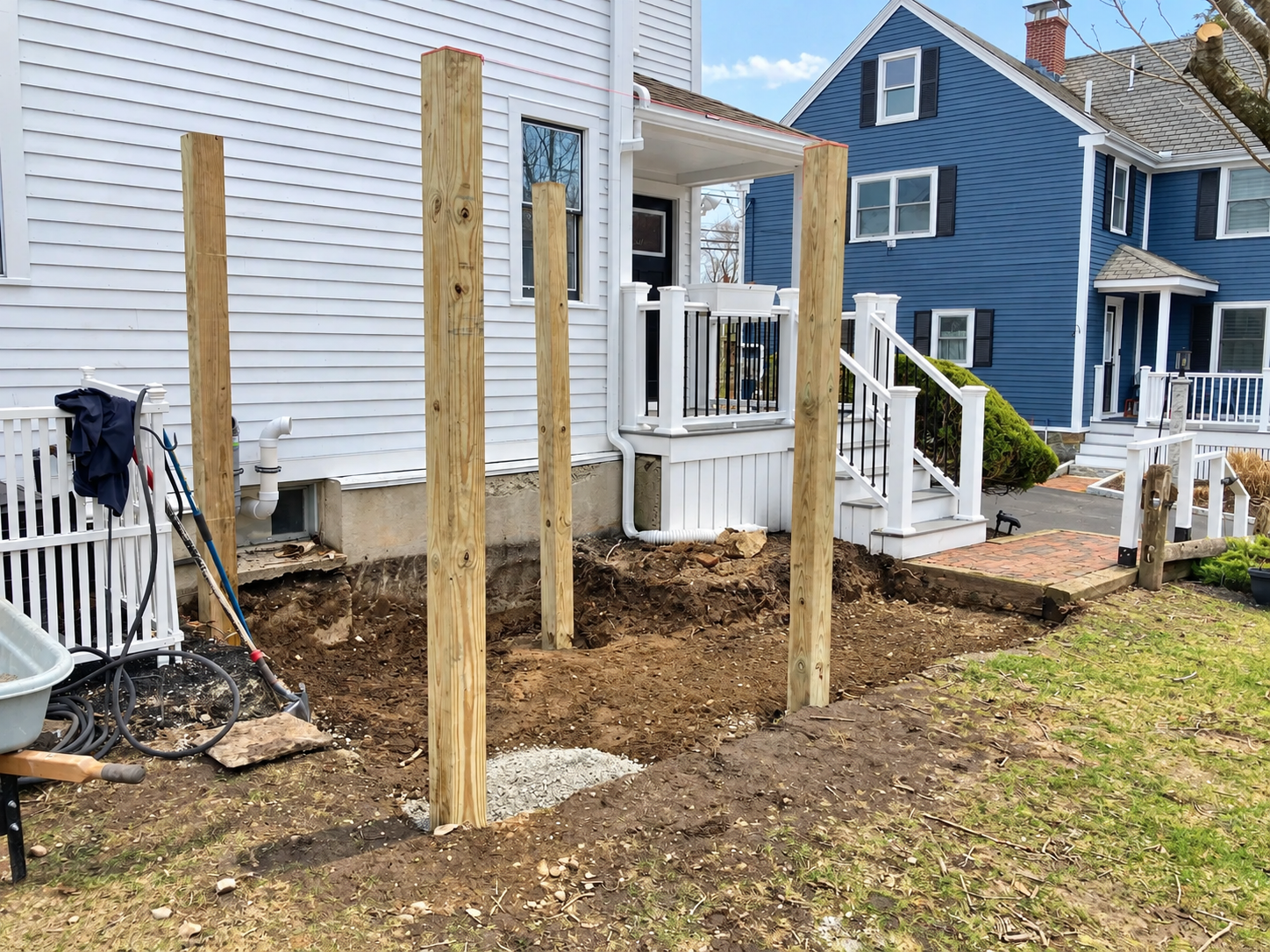 Pressure-treated wood posts installed beside a home during the early stages of a custom pergola and patio construction project.