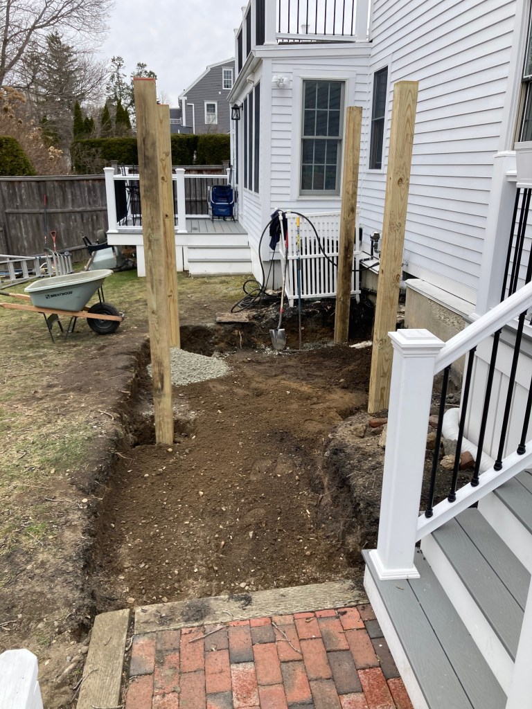 Pergola woodworking custom built small space backyard patio Newbury ma jmj gardens hardscape masonry