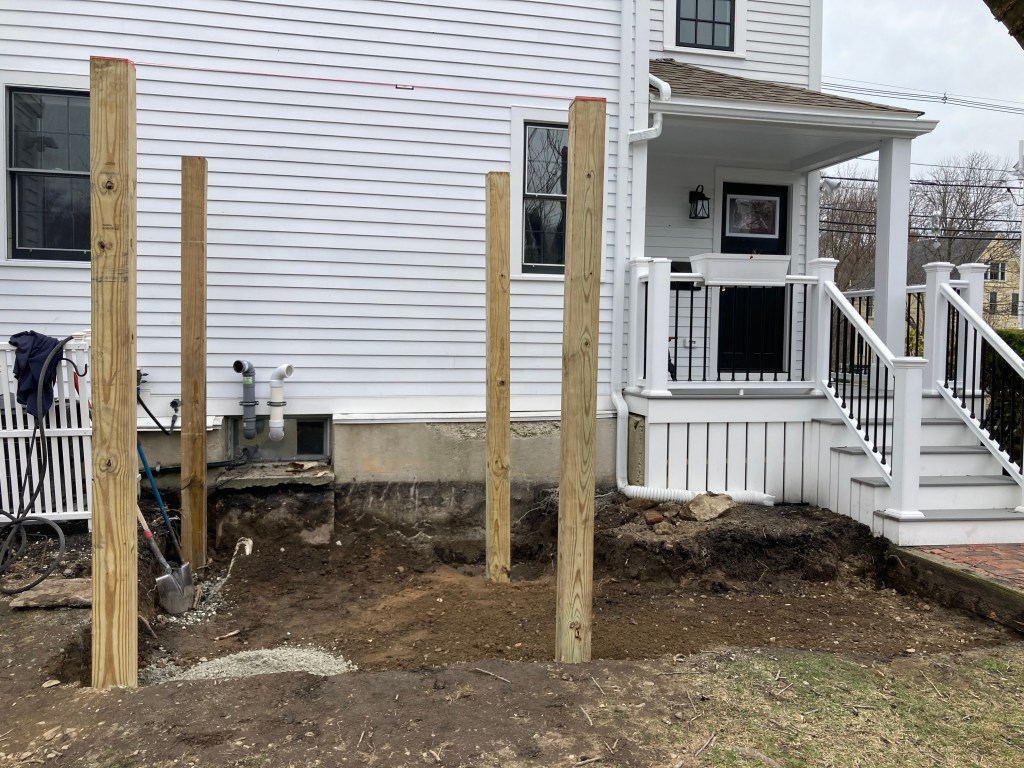Pergola woodworking custom built small space backyard patio Newbury ma jmj gardens hardscape masonry