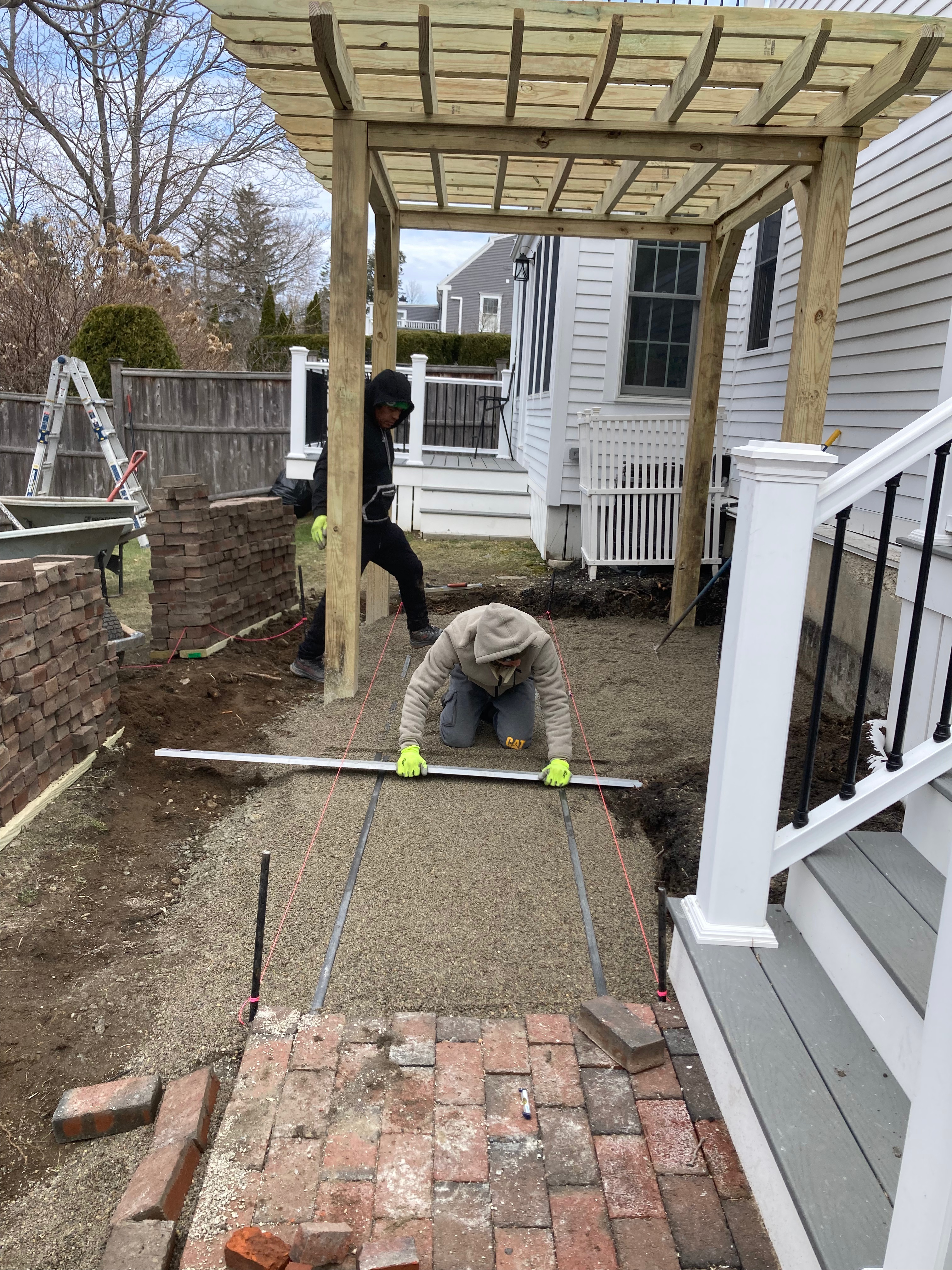 Pergola woodworking custom built small space backyard patio Newbury ma jmj gardens hardscape masonry