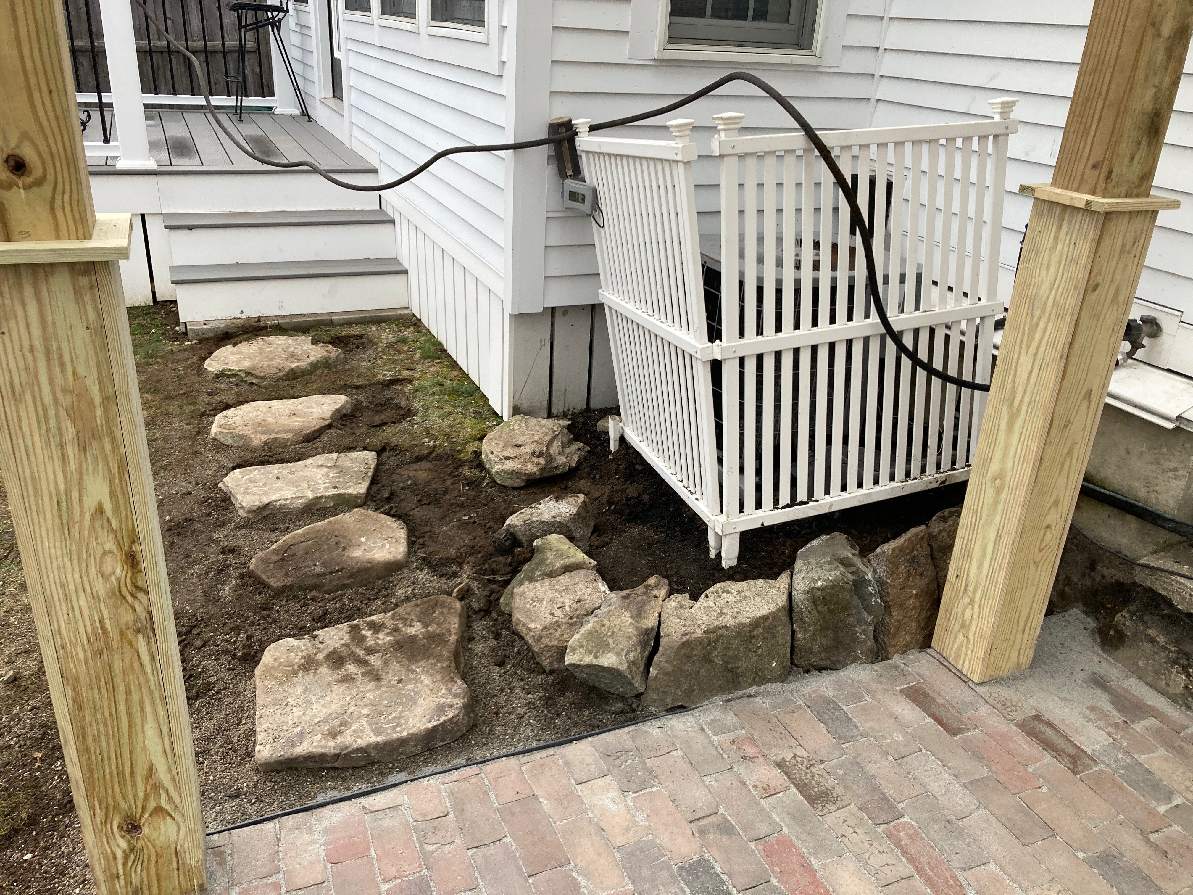 Pergola woodworking custom built small space backyard patio Newbury ma jmj gardens hardscape masonry