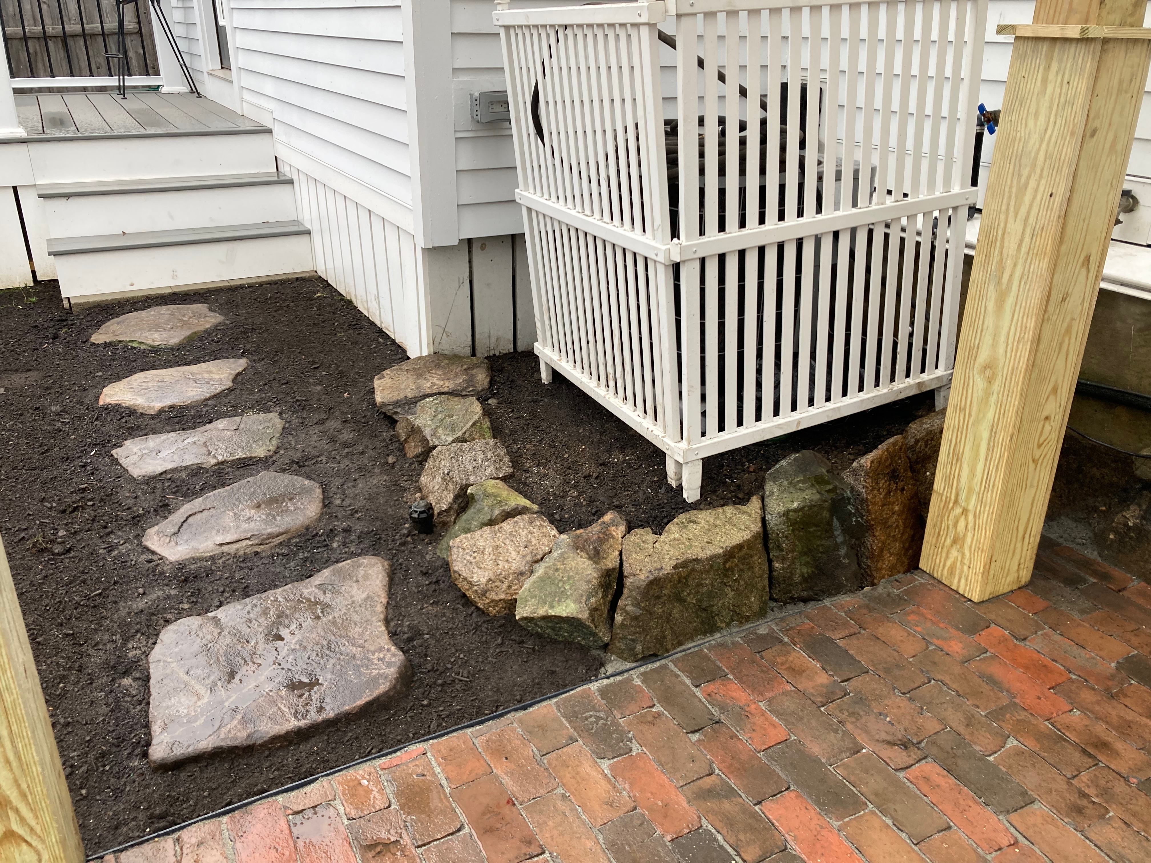 Pergola woodworking custom built small space backyard patio Newbury ma jmj gardens hardscape masonry